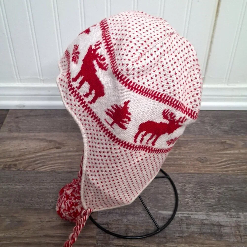 Abercrombie & Fitch Earflap Beanie Sz O/S Moose Wool Blend Pom Pom Fair Isle